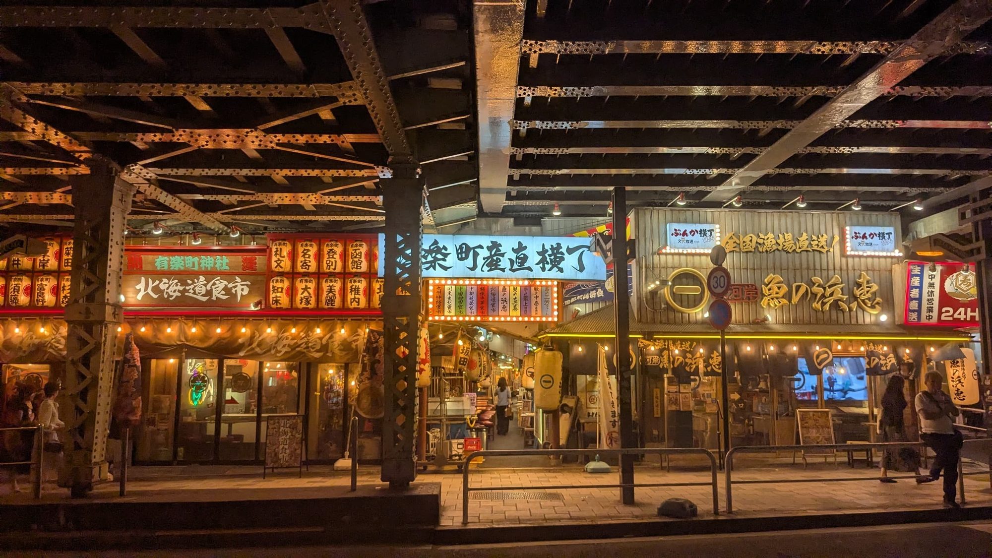 Neon-lit izakaya alley under the railway in Shimbashi